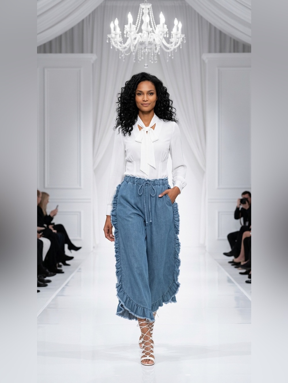 Women's Blue Wide-Leg Ruffle Jeans